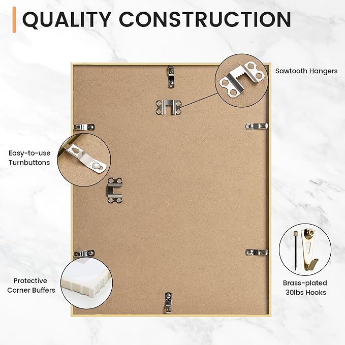 11x14 inch Metal Picture Frame - 11 x 14 Thin Aluminum Photo Frames with 8x10 Removable Mat - High Definition Plexiglass - Vertical and Horizontal Display - Wall Hook Hanging Hardware Included - Gold, Set of 4