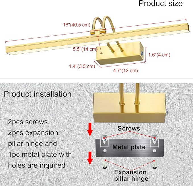 FUNCHDAY Picture Light Wireless, Rechargeable Gallery Light Battery Operated, 280LM Dimmable Art Lighting with Remote, 16" Metal Picture Lights for Wall, Paintings, Portrait, Photo (Brass)