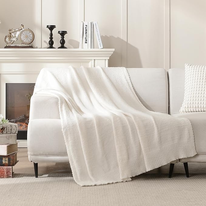Knit Throw Blanket Super Soft Warm Blanket for Couch Lightweight Fluffy Blanket for Bed Sofa 50x60 Inches Cream
