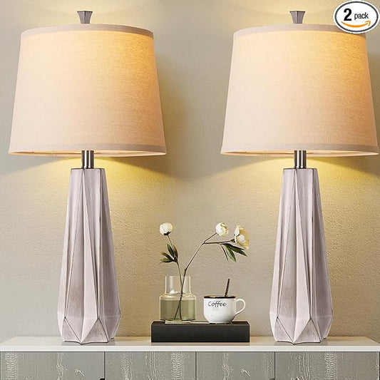 WIHTU 3 Color Temperature Table Lamps Set of 2, Beside Lamp with Linen Shade, 27'' Light Wood Color Modern Table Lamp for Living Room, Resin Desk Lamp for Nightstands Bedroom Decor (2 Bulbs Included)