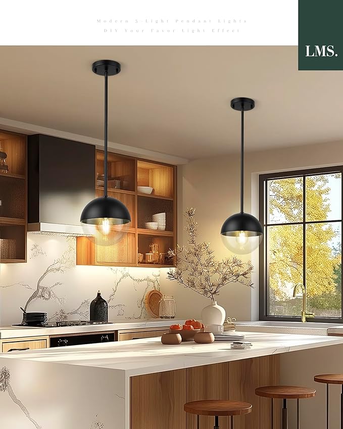 LMS Modern Pendant Lights, Matte Black Kitchen Island Pendant Light Fixtures, Adjustable Hanging Rod Ceiling Light for Dining Room Bathroom Bedroom, LMS-186BKC
