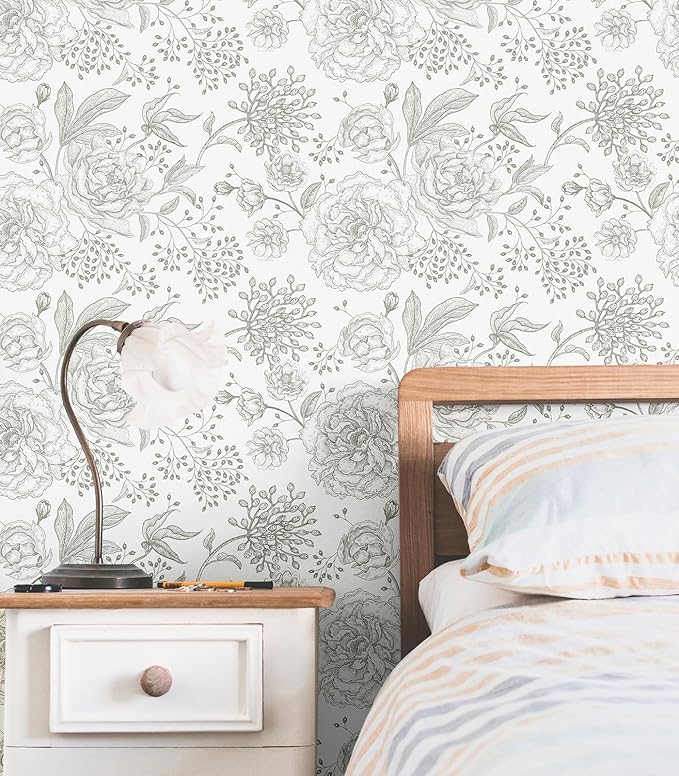 WESTICK Neutral Floral Peel and Stick Wallpaper Cream Vintage Floral Contact Paper Self Adhesive Retro Accent Wallpaper for Bedroom Walls Kitchen Backsplash Cabinets Cupboard Cream/Grey 17.5" x 100"