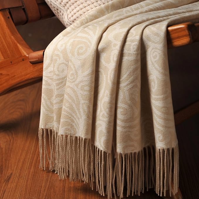 CUDDLE DREAMS Premium Cashmere Throw Blanket with Fringe, Luxuriously Soft (Paisley Beige)