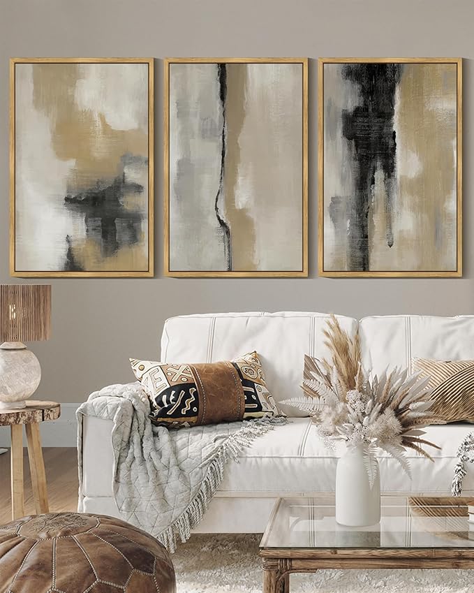 KUVIOKE Black Abstract Framed Wall Art Neutral Graffiti Pastel Minimalist Wall Decor Modern Art Painting for Bedroom Living Room 16x24in (Natural Framed)