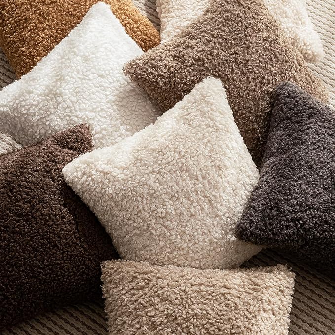 Foindtower Set of 2 Curly Teddy Wool Pillow Covers Decorative Boucle Textured Lumbar Throw Pillow Faux Fur Sherpa Pillowcases Sheepskin Fuzzy Cushion Case for Sofa Bedroom Car 12"x20" Cream Beige