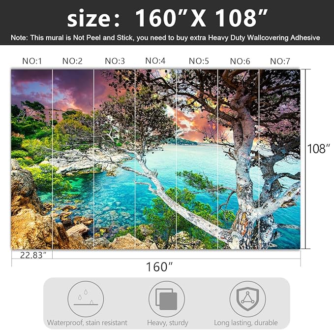 -Summer Sandy Shore Landscapes Fabric Wallpaper Clear Ocean seashores Islands Living Room Bedroom Bathroom Wall Mural- 160"x108"（ not Peel and Stick）