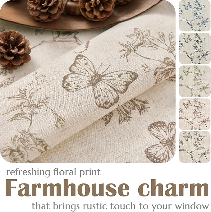 Lazzzy Lined Linen Farmhouse Taupe Floral Curtains 63 Inch Length Back Tab Drapes for Living Room Bedroom Light Filtering Country Vintage Rod Pocket, 2 Panels, Taupe on Beige