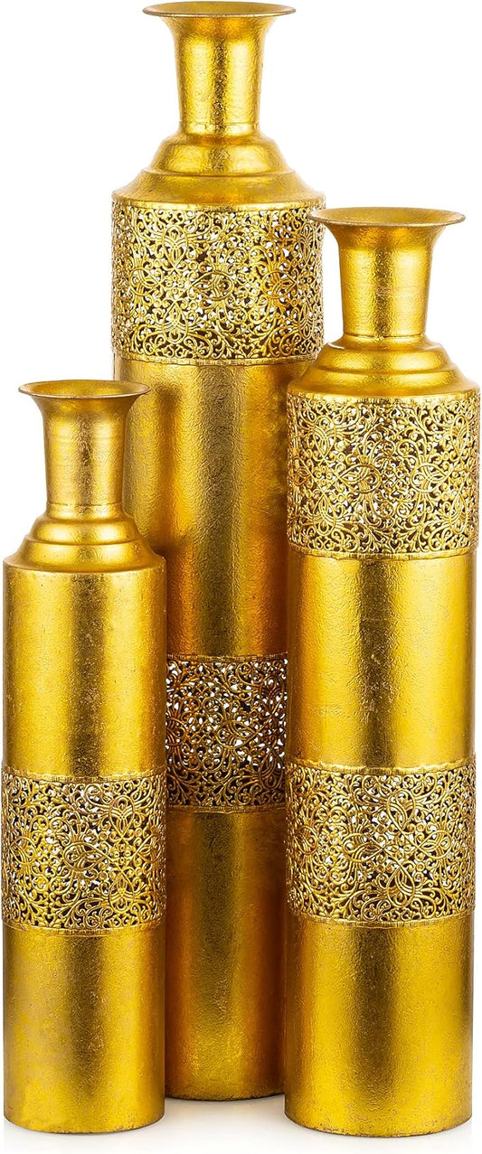Sziqiqi Metal Floor Vase Gold Large Vases - 32/27/22in Decorative Tall Vase Set of 3 for Home Decor Vintage Big Flower Vases Stand for Twigs Branches Dried Flowers Antique Shabby for Living Room