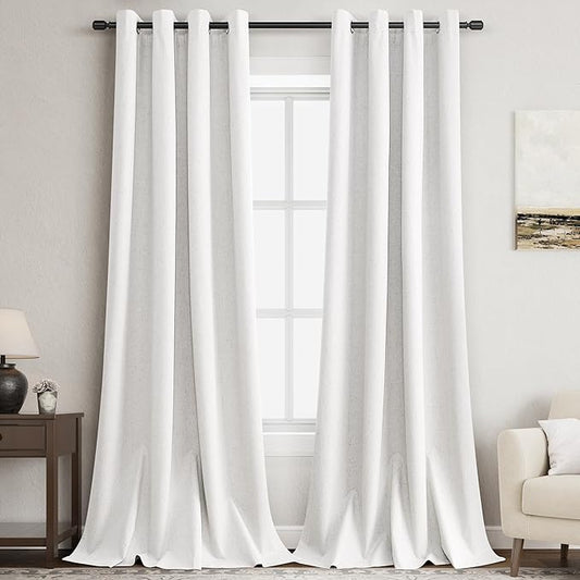 Beige White 100% Blackout Linen Curtains 90 Inch Long Grommet Living Room Darkening Window Curtain Linen Earth Tone Farmhouse Style Thermal Insulated Black Out Drapes for Bedroom 2 Panels 52Wx90L