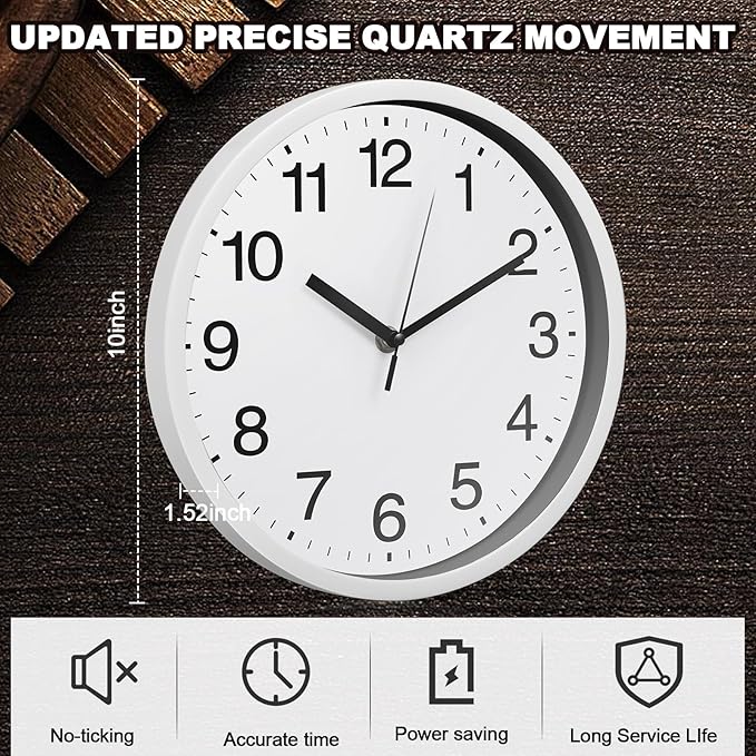 Inbagi 8 Pcs Wall Clock Large Silent Battery Operated Wall Clocks Modern Non Ticking Wall Clocks Bulk Decorative for Kitchen Office Living Room Home Bathroom Bedroom Classroom(White,10 Inch)
