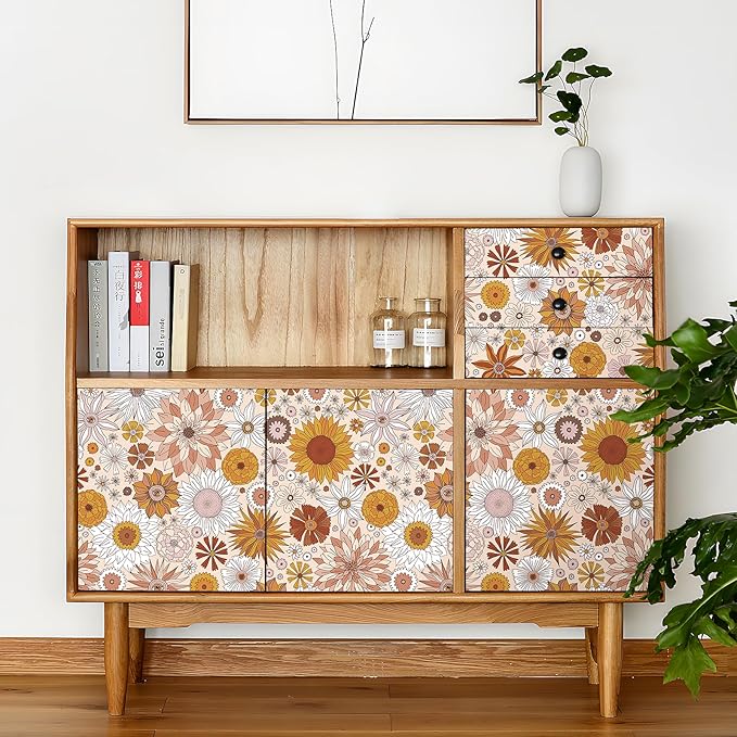 Livelynine 17.5x276 Retro Floral Peel and Stick Wallpaper Orange Pink Yellow Flower Mid Century Bathroom Wall Paper Waterproof Vintage Floral Contact Paper for Cabinets Self Adhesive Drawer Liner