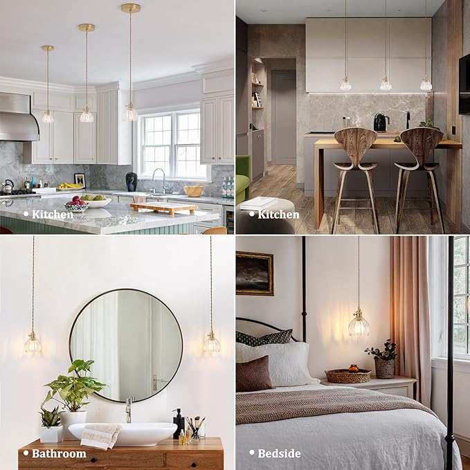 Mini Pendant Light with Clear Tulip Glass Lmapshade, Brass Vintage Pendant Light Adjustable Hanging Light for Kitchen Island Dining Room Hallway