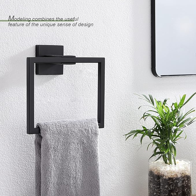 KOKOSIRI Hand Towel Ring Shower Towel Hanger Holder Bath Towel Holder Bathroom Lavatory Stainless Steel Wall Mount, Matte Black, B3004BK