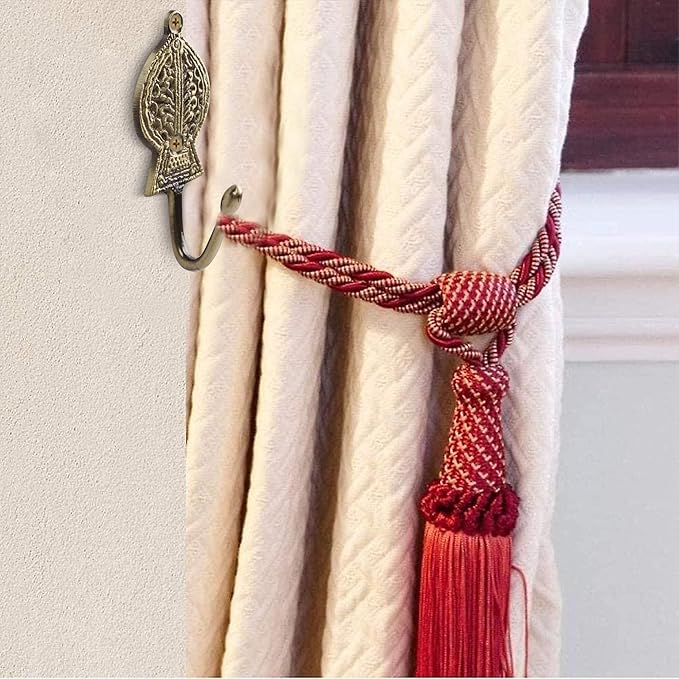 Multipurpose Hooks, Used to Hang Clothes, Bags, Coats, Curtain Hold Backs, Keys, Colour - Antique Gold, Material - Brass, Retro Design, Screws and Wallplugs Included, Pack of 10 Pieces