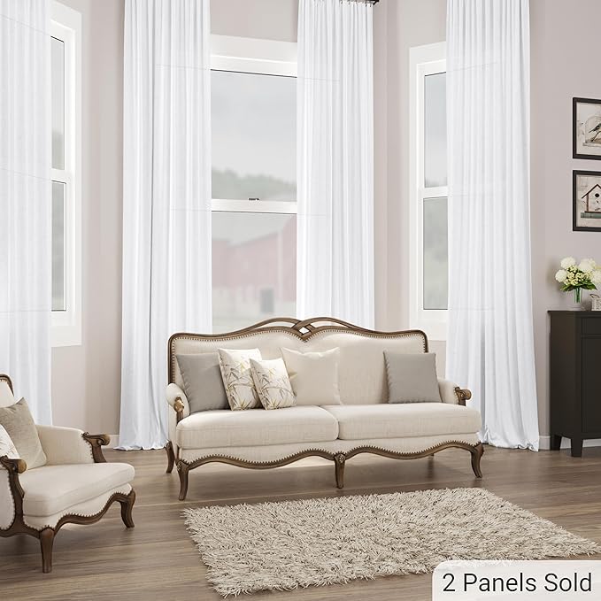 Guken White Linen Curtains 102 Inch Length for Living Room Bedroom 2 Panels Set Rod Pocket Light Filtering Semi Sheer Window Curtains 52 Inch Width Boho Farmhouse Linen Drapes, W52xL102