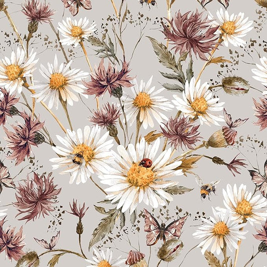 Livelynine Neutral Floral Wallpaper Peel and Stick Retro Daisy Flowers White Taupe Purple Wildflower Wall Paper Mural Bedroom Kids Girls Bathroom 17.5x78.8 French Country Butterfly Bee Ladybug Contact
