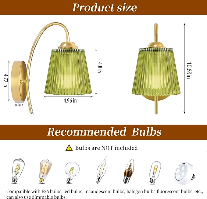 Vintage Battery Operated Wall Sconce with Flower lampshade,Rechargeable Battery Powered Wall Lights,Wall lamp With 15 Colors for Bedroom Living Room Home Decor (Green Stripe, 2 Light Battery Operated)