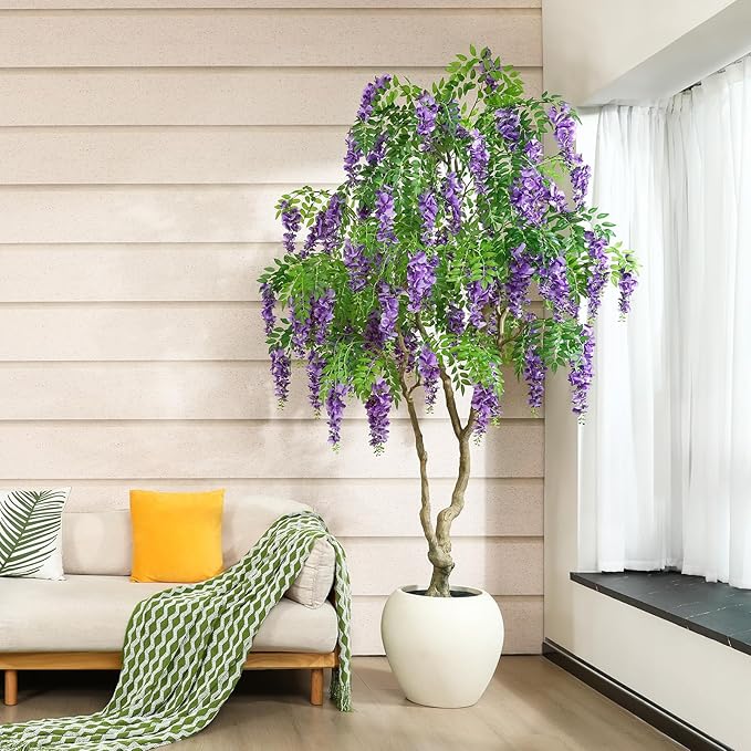 Blooming Wisteria Tree, 8ft Artificial Violet Tree with Round Artisan Planter, Premium Handmade, Realistic Trunk & Lifelike Leaves, Perfect for Large Spaces & Elegant Home/Office Decor