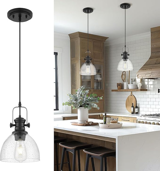 Black Pendant Lights Kitchen Island, 7.5" Farmhouse Pendant Lighting with Clear Seeded Glass Shade, Vintage Hanging Light Fixtures for Dining Room, AD-22151-1P-BK