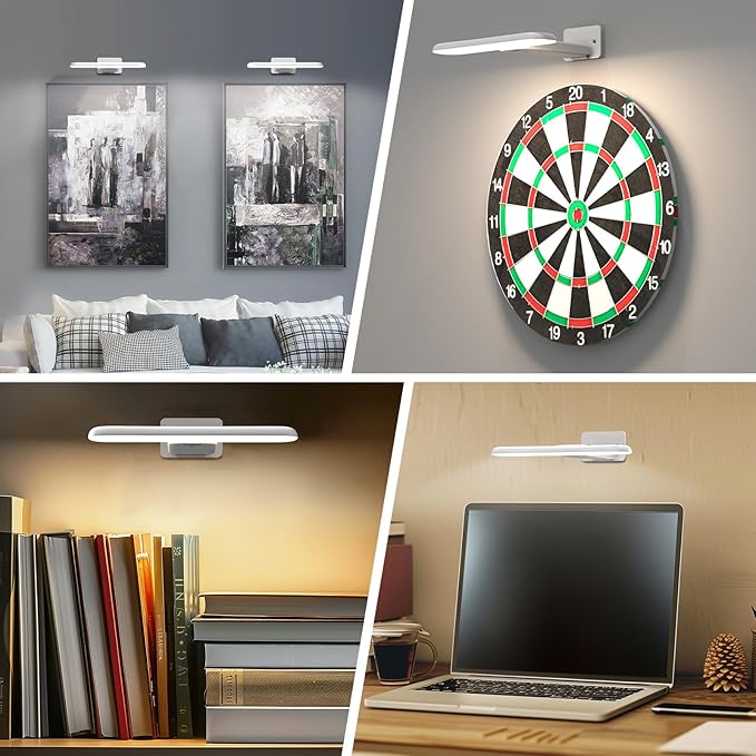 2 Pack Picture Lights for Wall, Rechargeable LED Picture Light Battery Operated with Remote, Dimmable Poster Light for Paintings, Portraits, Art Frames, Display Lighting for Wall Decor,White