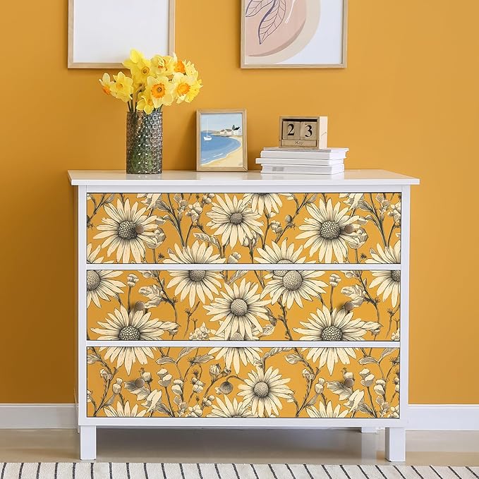 Livelynine 17.5x276" Vintage Floral Peel and Stick Wallpaper Antique Gold Retro Yellow Flowers Prepasted Daisy Wallpaper for Bathroom Girls Accent Wall Cover Boho Contact Paper for Cabinets Drawers