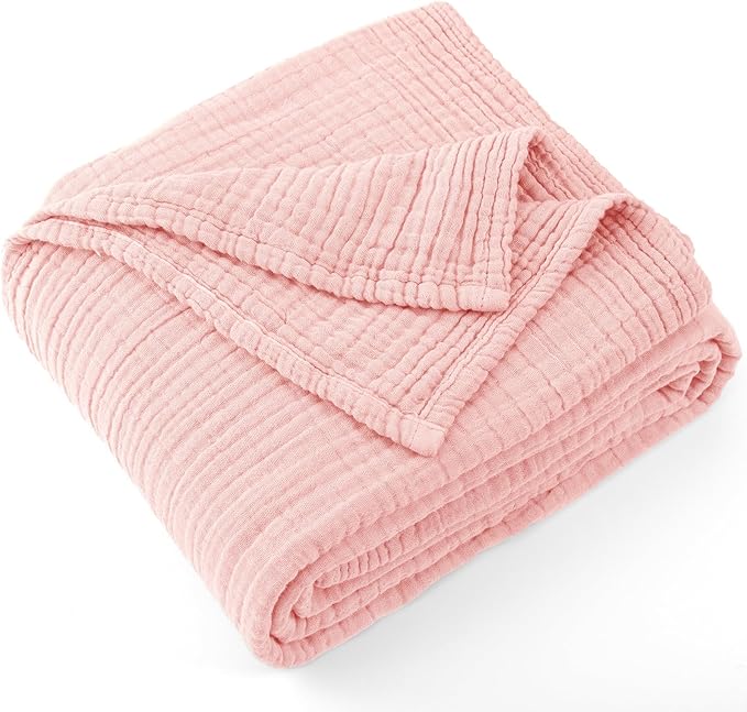 Carriediosa 100% Cotton Muslin Throw Blanket 90" X 90" Queen Size，4-Layers Summer Gauze Throws for Bed Couch，Soft Lightweight Breathable Linen Blankets Bedspread for Adults All Season，Dusty Pink
