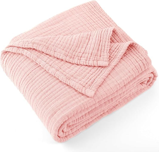 Carriediosa 100% Cotton Muslin Throw Blanket 50" X 70" Throw XL Size，4-Layers Summer Gauze Throws for Bed Couch，Soft Lightweight Breathable Linen Blankets Bedspread for Adults All Season，Dusty Pink