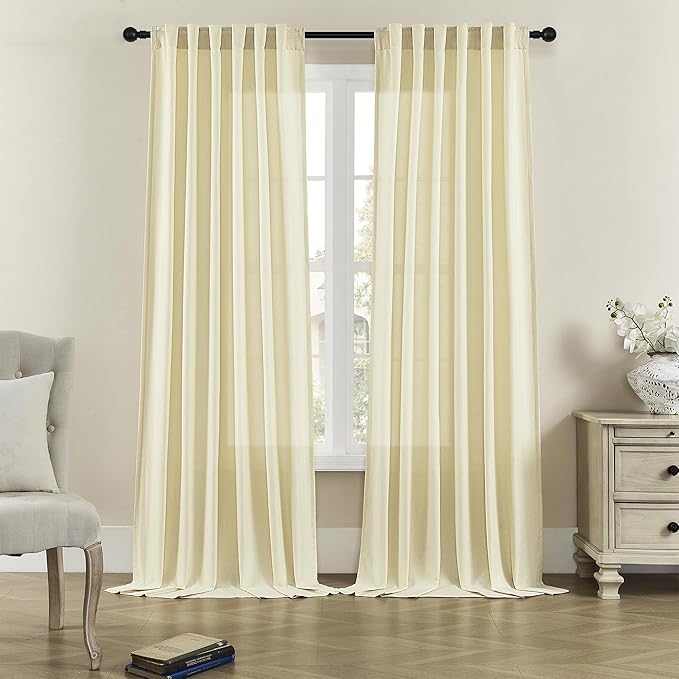 Back Tab Linen Curtains 72 Inch Length 2 Panels Set, Light Filtering Semi Sheer Farmhouse Boho Curtains & Drapes for Bedroom Living Room, Light Yellow W50 x L72