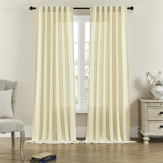 Back Tab Linen Curtains 72 Inch Length 2 Panels Set, Light Filtering Semi Sheer Farmhouse Boho Curtains & Drapes for Bedroom Living Room, Light Yellow W50 x L72