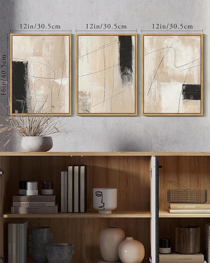KUVIOKE Abstract Framed Wall Art Minimalist Beige Pastel Watercolor Neutral Wall Decor Modern Black Line Art Painting Home Decor 12x16in (Natural Framed)