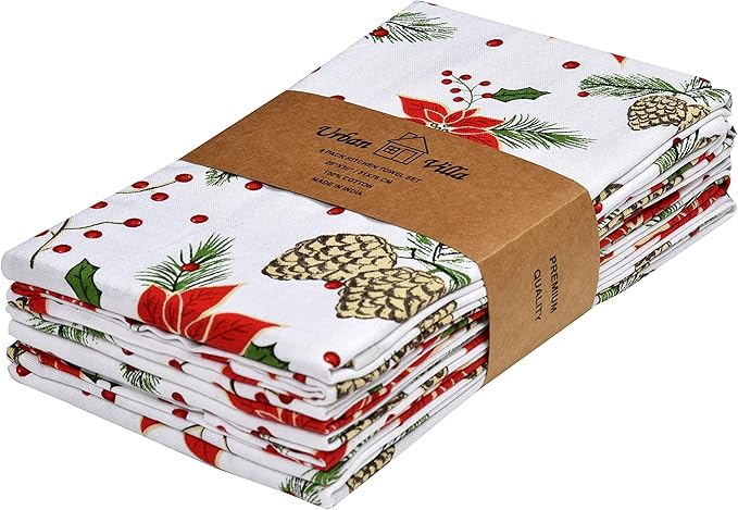 Urban Villa Christmas Kitchen Towels Pine Cone Print Multi Color, Premium Quality,100% Cotton Dish Towels Mitered Corners (Size: 20X30 Inch), Highly Absorbent Bar Towels & Tea Towels - (Set of 6)