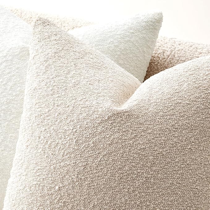 ANRODUO Pack of 2 Textured Boucle Throw Pillow Covers Soft Beige Decorative Accent Solid Pillow Cases Cozy Modern Couch Cushion Case for Chair Sofa Bedroom Living Room Home Decor, 20 x 20 Inch