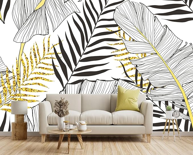 -Black and Gold Tropical Botanical Banana Leaf Fabric Wallpaper Living Room Bedroom Bathroom Abstract Plant Large Wall Mural- 160"x108"（ not Peel and Stick）