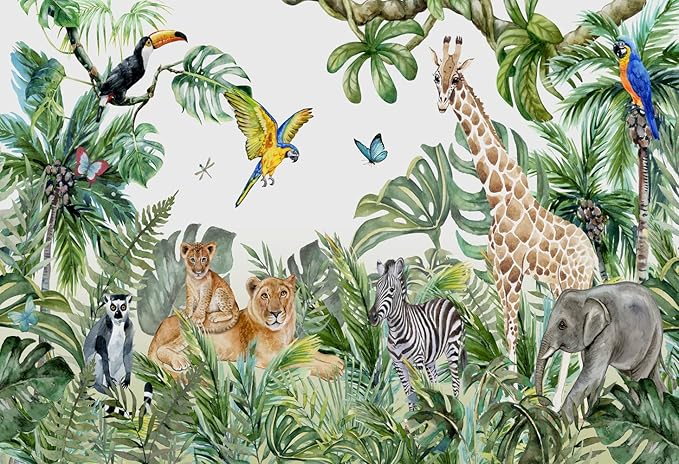 Safari Wallpaper for Children with Animals Jungle Wall Mural Watercolor Animals Nursery Wallpaper Kids Room Decor(Not Peel n' Stick)