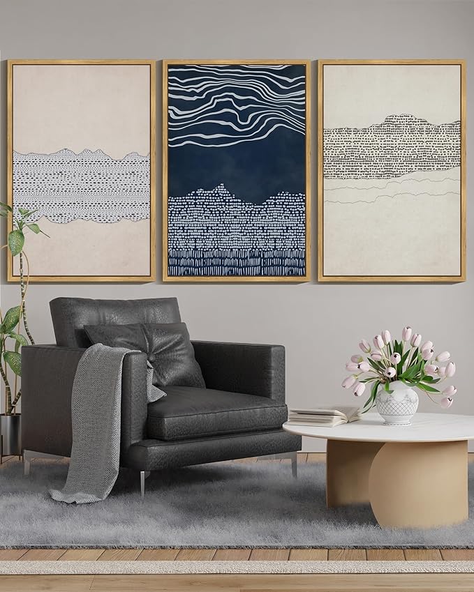 KUVIOKE Navy Blue Abstract Framed Wall Art Modern Neutral Minimalist Wooden Pastel Boho Wall Decor Farmhouse Rustic Art Painting Home Decor 24x36in (Natural Framed)