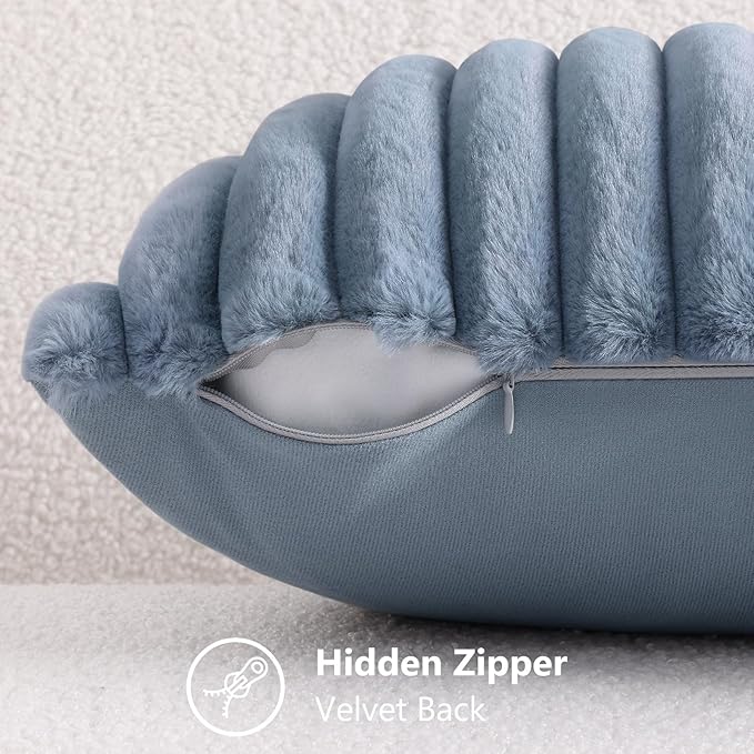 decorUhome Faux Fur Throw Pillow Covers 18x18 Set of 2, Decorative Soft Plush Striped Neutral Couch Euro Pillow Covers with Velvet Back for Sofa, Bed, Living Room Home Decor, Grey Blue