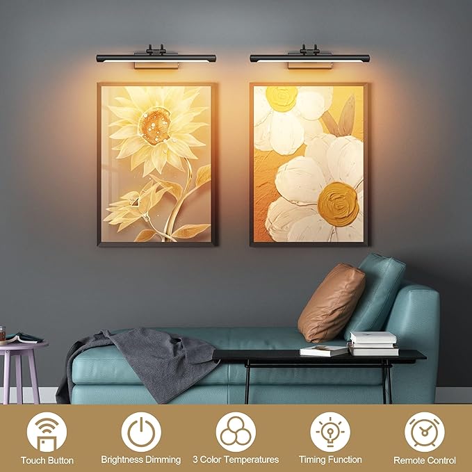 Cordless Picture Light with Remote, Battery Operated Wall Sconce for Artwork, 3 Colors Painting Light Dimmable and Timer, Wireless Art Light for Display (Black)