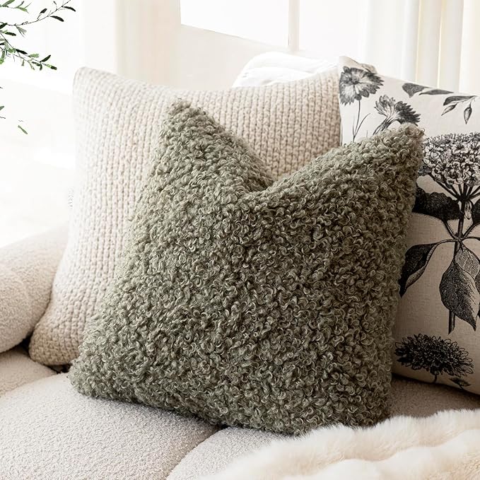 Foindtower 2 Pieces 26x26 Inch Sage Green, Faux Fur Throw Pillow Cover Accent Sherpa Pillow Fuzzy Soft Pillowcases Sheepskin Decorative Fleece Cushion Case for Bed Couch Living Room