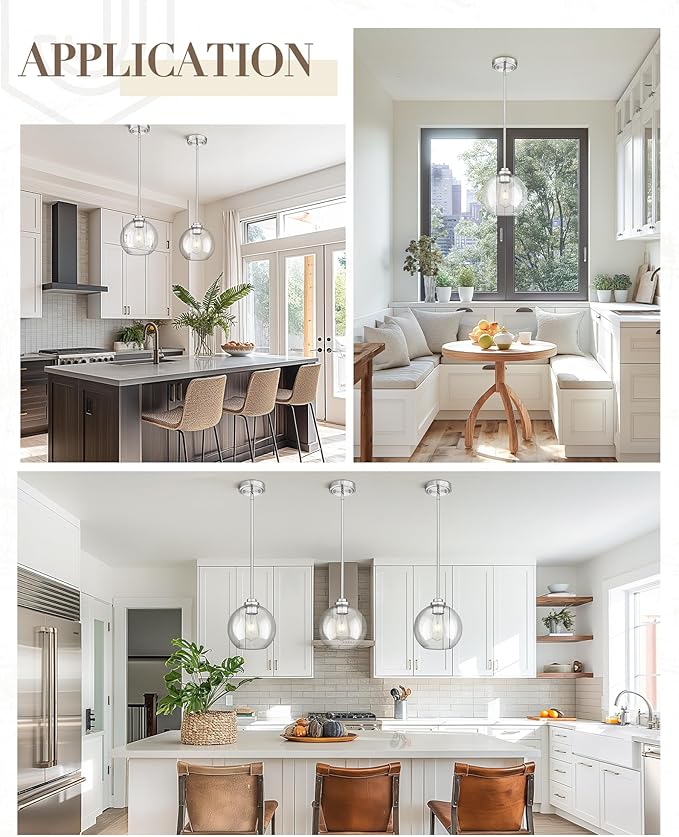 Globe Pendant Light Fixture, 8'' Modern Brushed Nickel Hanging Light with Clear Glass for Kitchen Island Dining Room Bedroom Hallway Foyer (1 Pack), PL101BN-L