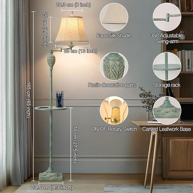 Traditional LED Floor Lamp with 350° Adjustable Swing Arm Lamp – Vintage Standing Pole lamp for Living Room, Bedroom and Office – Rustic Upright Floor Light for Home Décor with Silk Fabric Shade