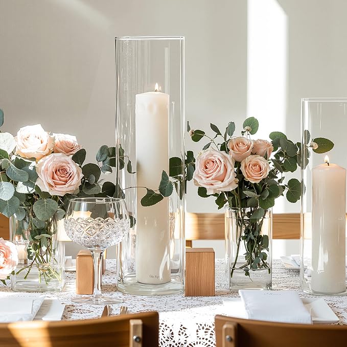 3 PCS Modern Square Glass Cylinder Vases Set (6/8/10 Inch) – Elegant Bud Vases, Floating Candle Holders & Wedding Centerpiece Displays for Home Decor, Holidays, Housewarming Gifts