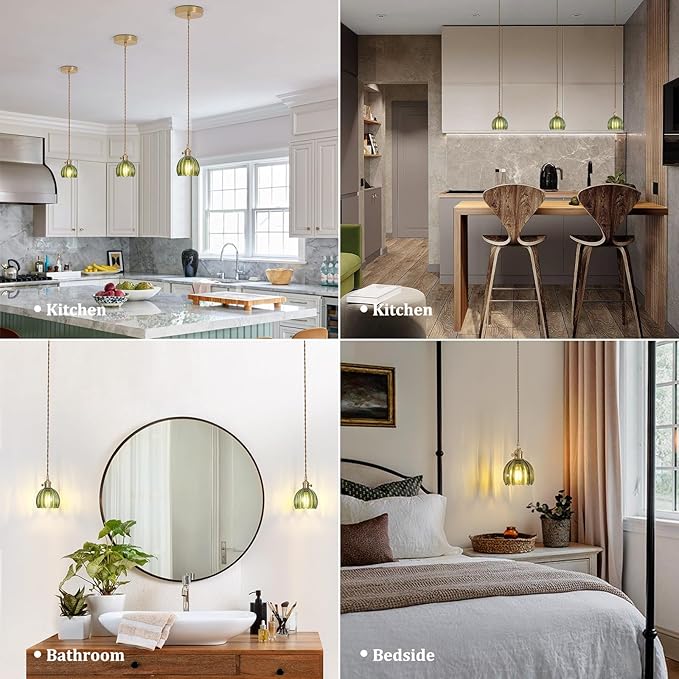 Mini Pendant Light with Green Tulip Glass Lmapshade, Brass Vintage Pendant Light Adjustable Hanging Light for Kitchen Island Dining Room Hallway