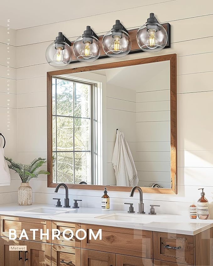 Bathroom Light Fixtures, 4-Light Black and Faux-Wood Finish Bathroom Vanity Light, 26 Inch Farmhouse Wall Sconces with Globe Clear Glass Shade, Vanity Lighting Fixtures Over Mirror, VL195-WB-4