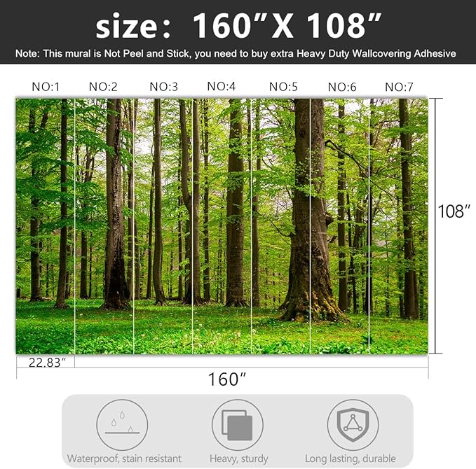 -Green Forest Landscapes Woodland Tree Fabric Wallpaper Living Room Bedroom Bathroom Jungle Wall Mural- 160"x108"（ not Peel and Stick）