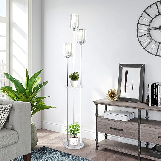 HMVPL Crystal Floor Lamps for Living Room, Modern Floor Lamp with Shelves, 3-Lights Standing Lamp with Crystal Shade, On/Off Foot Switch, Silver Corner Floor Lamp for Bedroom Living Room Office(66")