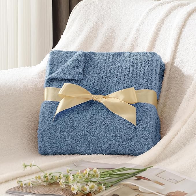 JOOJA Cozy Blue Knit Throw Blanket - Boucle Decorative Soft Fuzzy Throw Bed Blanket for Women Couch 50x60 Inches Dusty Blue