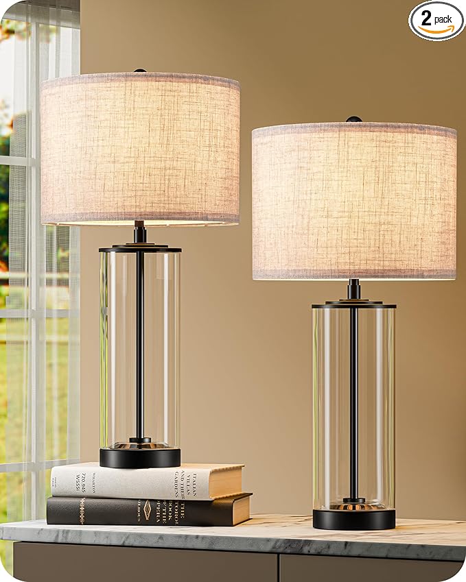 EDISHINE 23.6" Glass Table Lamp Set of 2, DIY Refillable Bedside Lamp with Linen Lampshade & Rotary Switch, E26 Base, Nightstand Light for Living Room, Bedroom, Office
