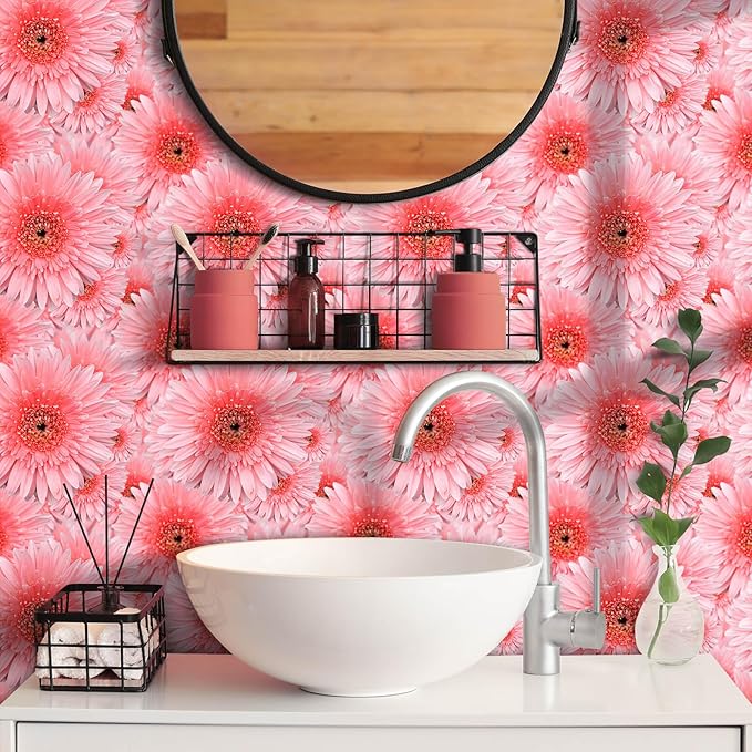 Livelynine 17.5x276" Pink Wallpaper Stick and Peel Boho Pink Flower Wall Paper for Girls Room Bathroom Accent Daisy Coquette Floral Wall Murals Removable Decorative Contact Paper for Furniture Desk
