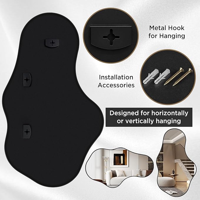 Irregular Wall Mirror, 24"x40" Black Abstract Asymmetrical Mirrors for Wall, Decorative Cloud Aesthetic Mirror for Bathroom, Bedroom, Cloakroom, Entryway, Shatter-Proof Aluminum Alloy Frame