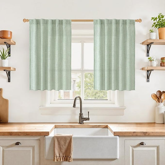 YoungsTex Sage Green Linen Cafe Curtains 36 Inch Length, Short Drapes Light Filtering with Rod Pocket Back Tab for Cafe Kitchen Windows Over Sink, 2 Panels, 42 X 36 Inch
